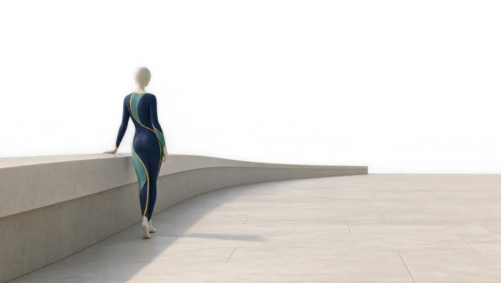 Gesichtslose Figur von hinten auf einem weiten, leeren Platz, eine Hand an einer niedrigen Mauer, als Sinnbild für Angst in offenen Räumen.