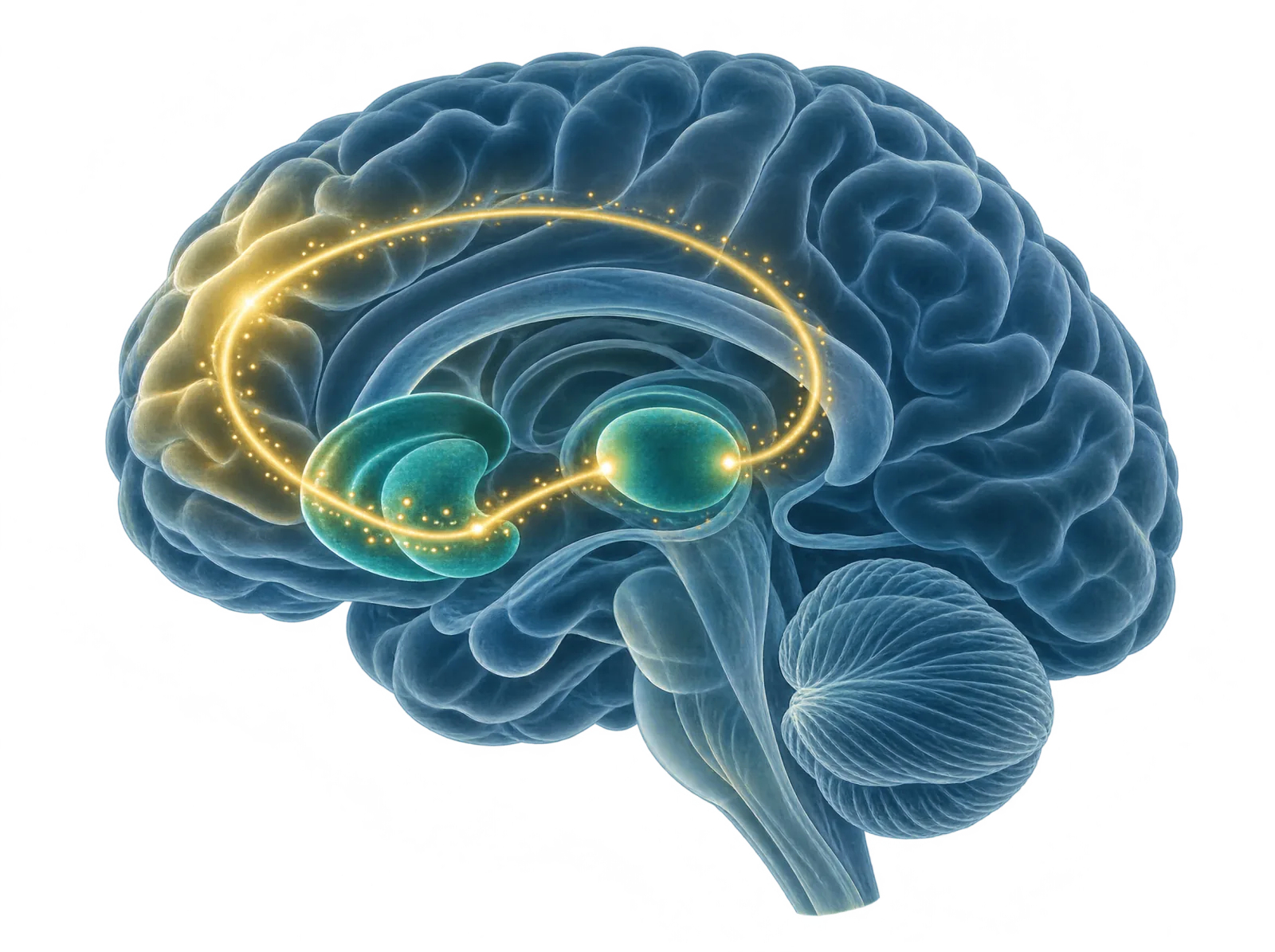Gehirn in Seitenansicht mit einer goldenen Lichtschleife vom Stirnhirn über die Basalganglien und den Thalamus zurück zum Stirnhirn, als Modell der CSTC-Schleife.