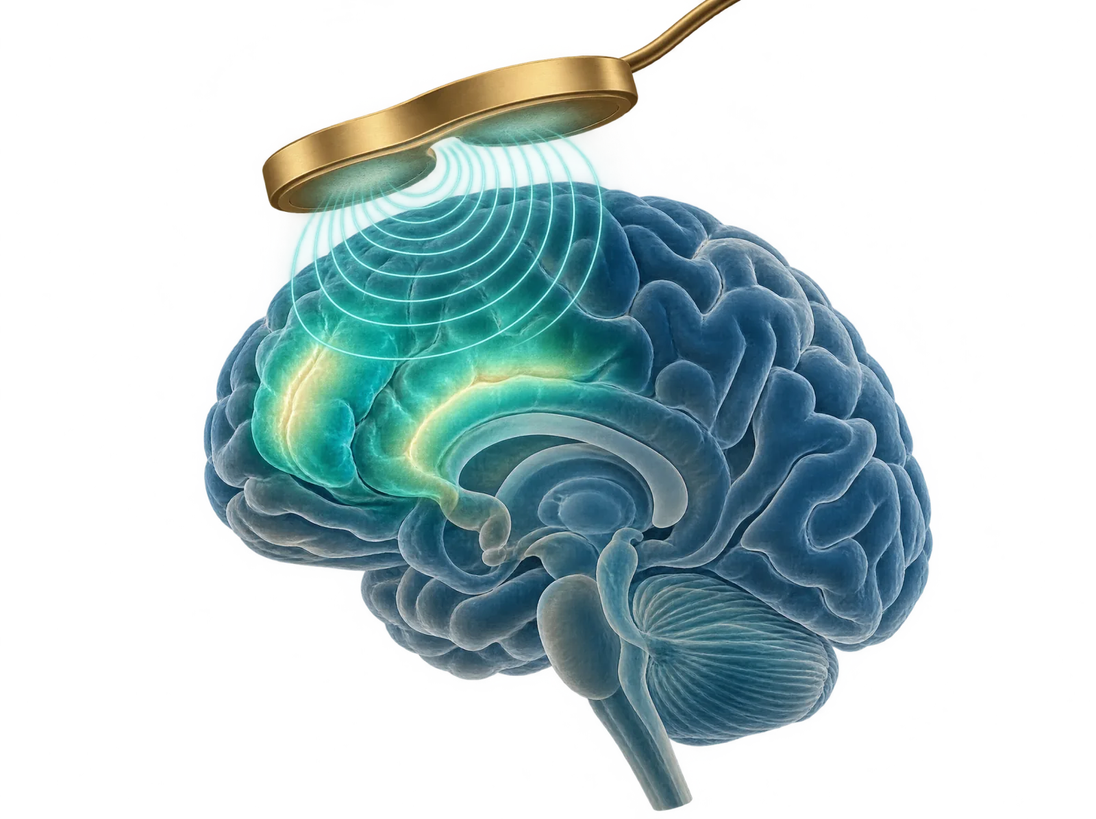Gehirn in Seitenansicht, darüber eine goldene Magnetspule, deren Feldlinien bis in den vorderen Stirnhirnbereich reichen, als Schema der transkraniellen Magnetstimulation.