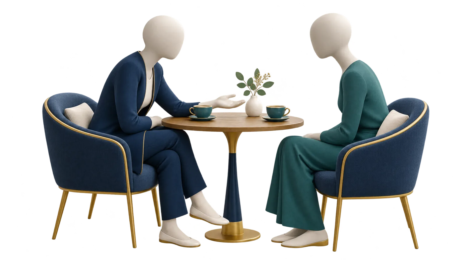 Zwei gesichtslose Figuren sitzen sich am Tisch gegenüber, die eine wendet sich der anderen aufmerksam zu, als Sinnbild für Angehörige, die einbezogen werden.