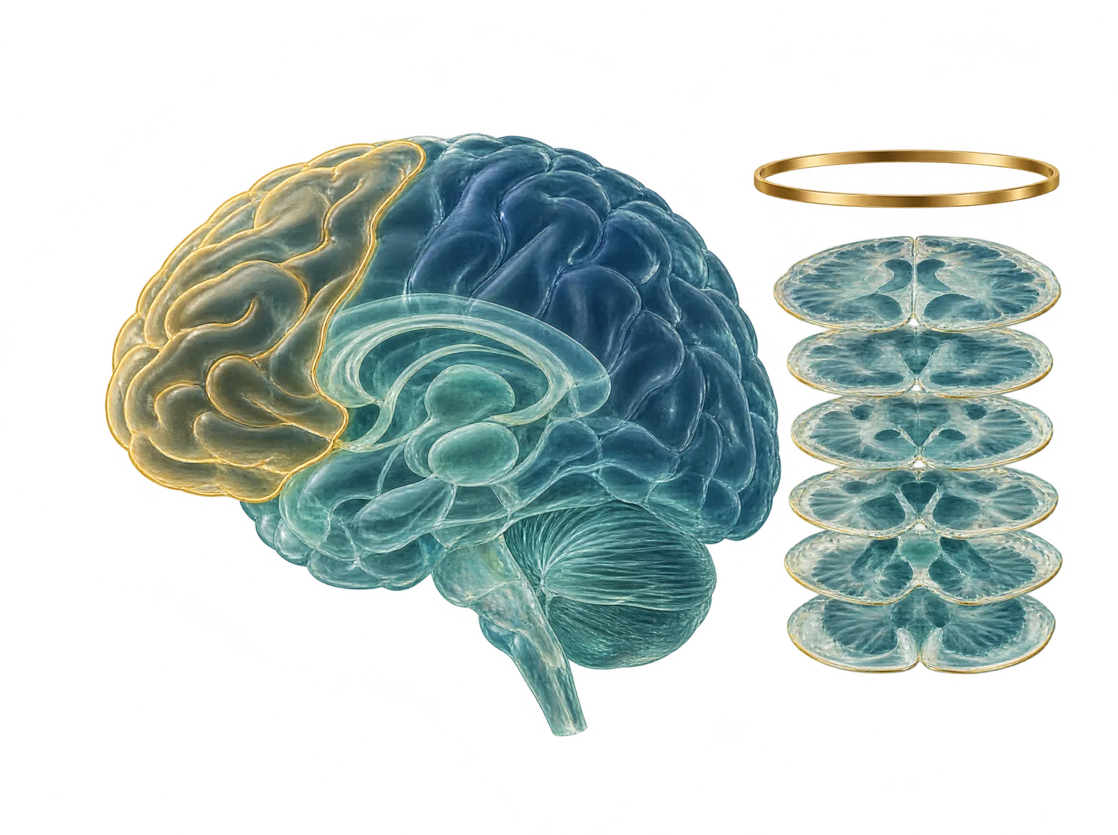 Gläsernes Gehirn mit golden umrandetem Stirnlappen, daneben ein Stapel Schnittbilder, als Sinnbild der neurologischen Abklärung einer erstmaligen Manie im höheren Lebensalter (Fallvignette).
