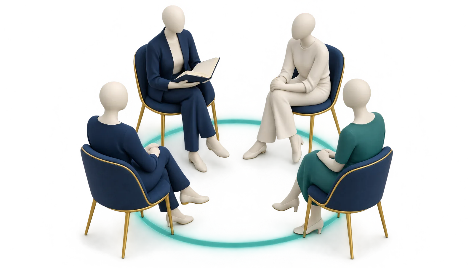Vier gesichtslose Figuren sitzen im Kreis, eine hält ein aufgeschlagenes Buch, als Sinnbild einer Psychoedukationsgruppe.