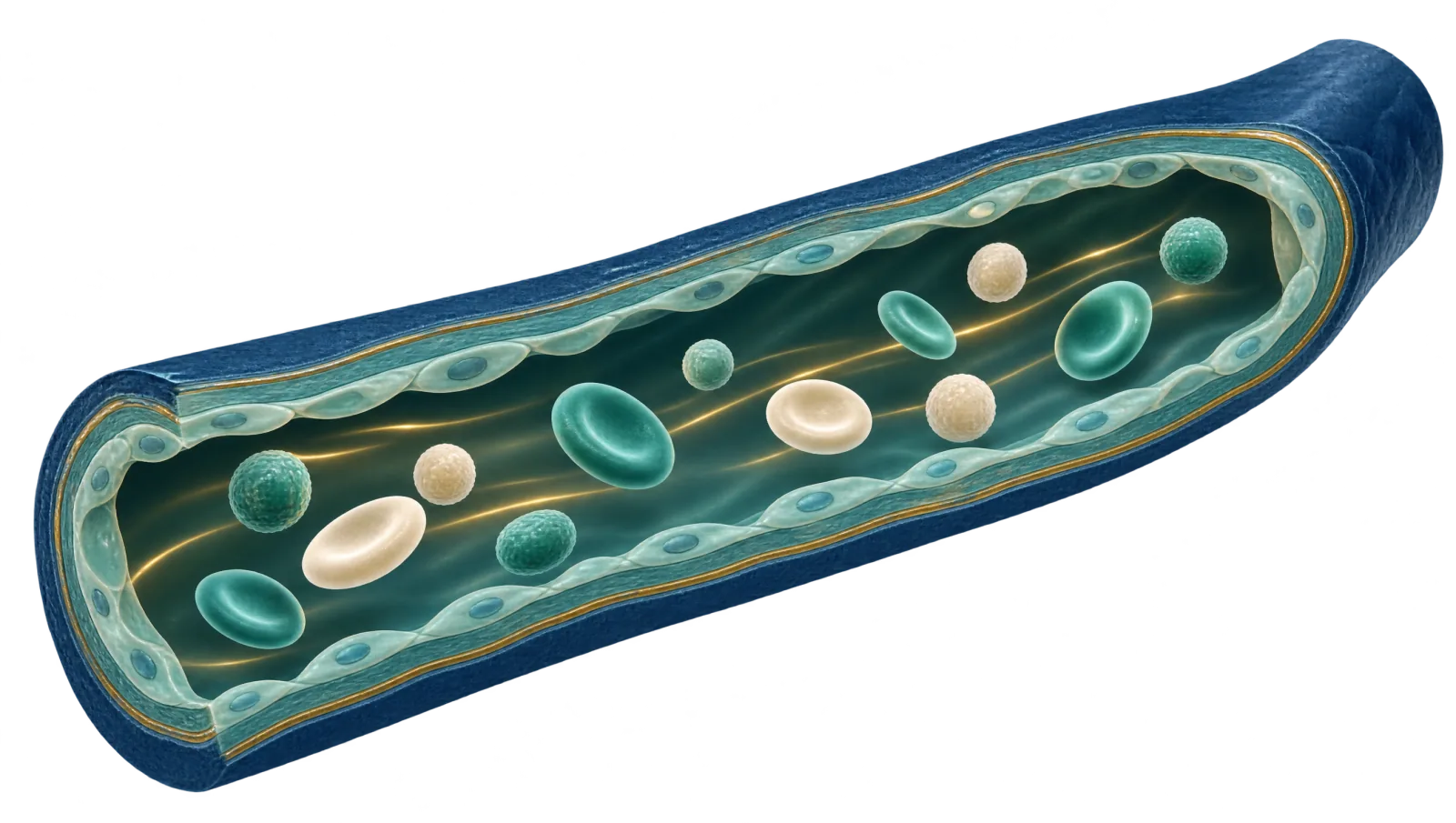 Schematische Illustration: Längsschnitt eines kleinen Blutgefäßes mit flachen Endothelzellen an der Wand und stilisierten Blutzellen im Inneren.