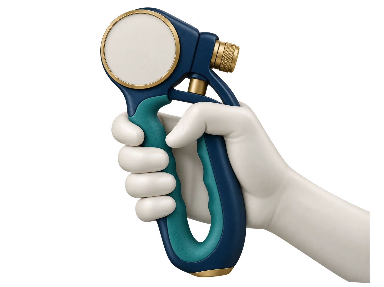 Illustration: Hand einer gesichtslosen Porzellanfigur umfasst ein Handkraftmessgerät ohne Skala.