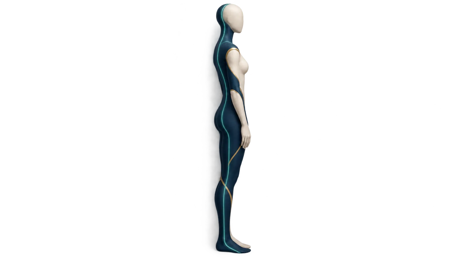 Illustration: gesichtslose Porzellanfigur lehnt aufrecht an einer hellen Wand; eine feine Lichtlinie läuft am Körper entlang (Sinnbild für Beschwerden im Stehen).