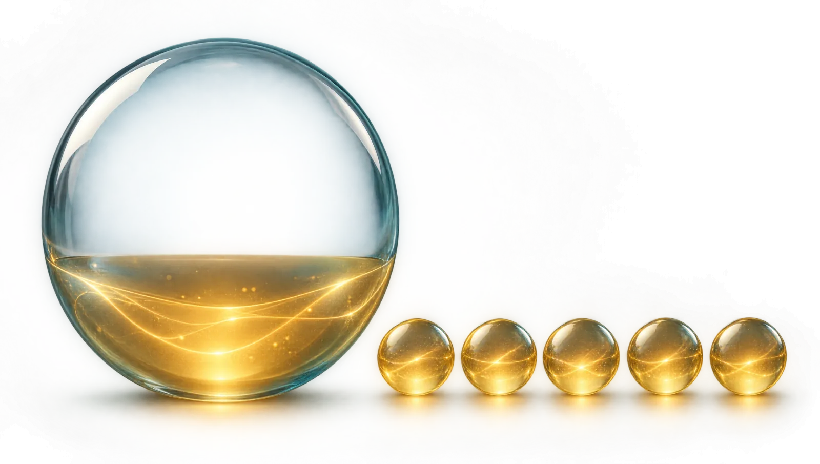 Illustration: große Glaskugel, nur unten mit goldenem Licht gefüllt, daneben eine Reihe kleiner Lichtkugeln (Sinnbild für eingeteilte Energie).