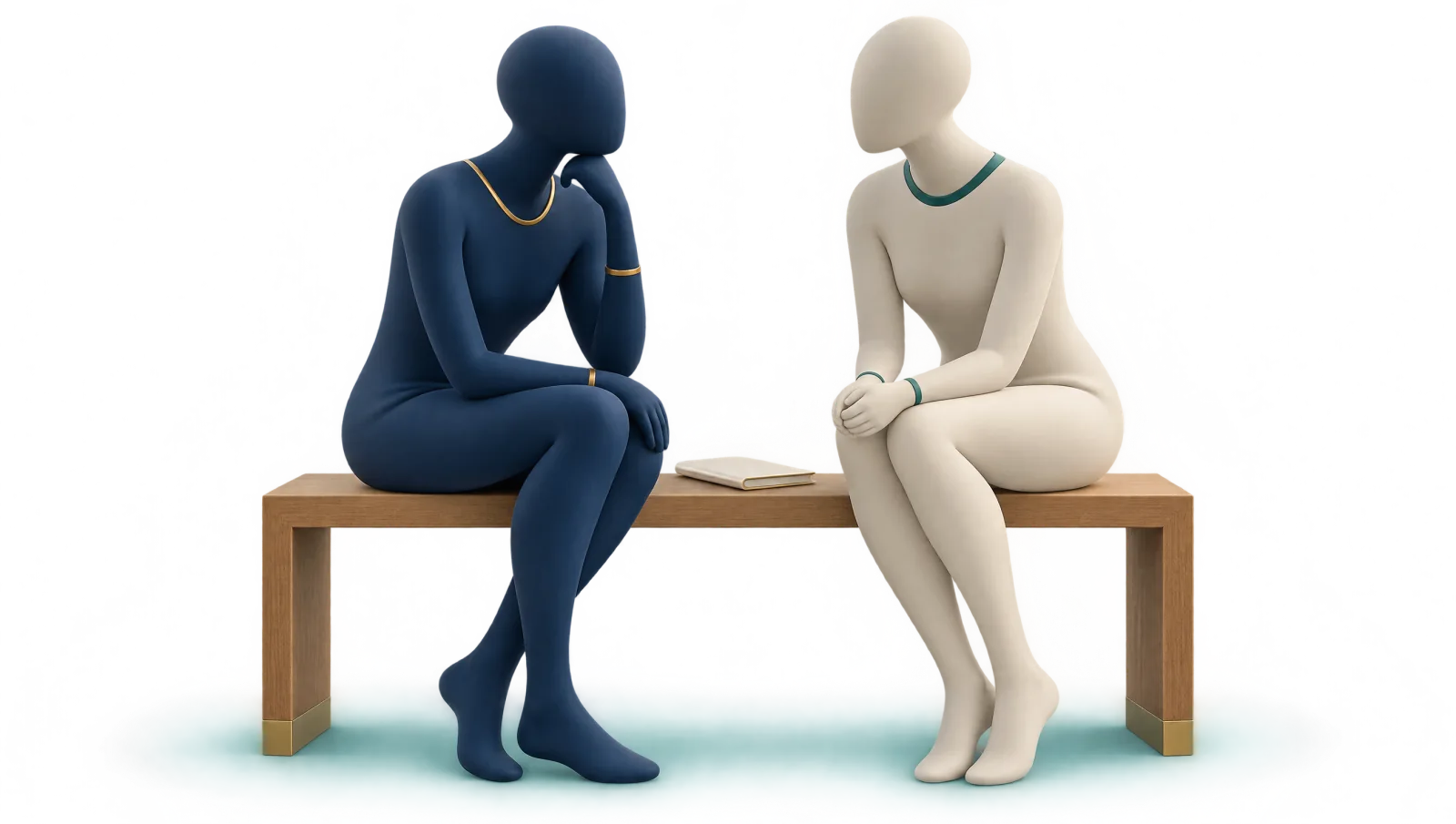 Zwei gesichtslose Figuren sitzen nebeneinander auf einer Bank, die eine hört der anderen aufmerksam zu, als Sinnbild für Angehörige, die einbezogen werden.