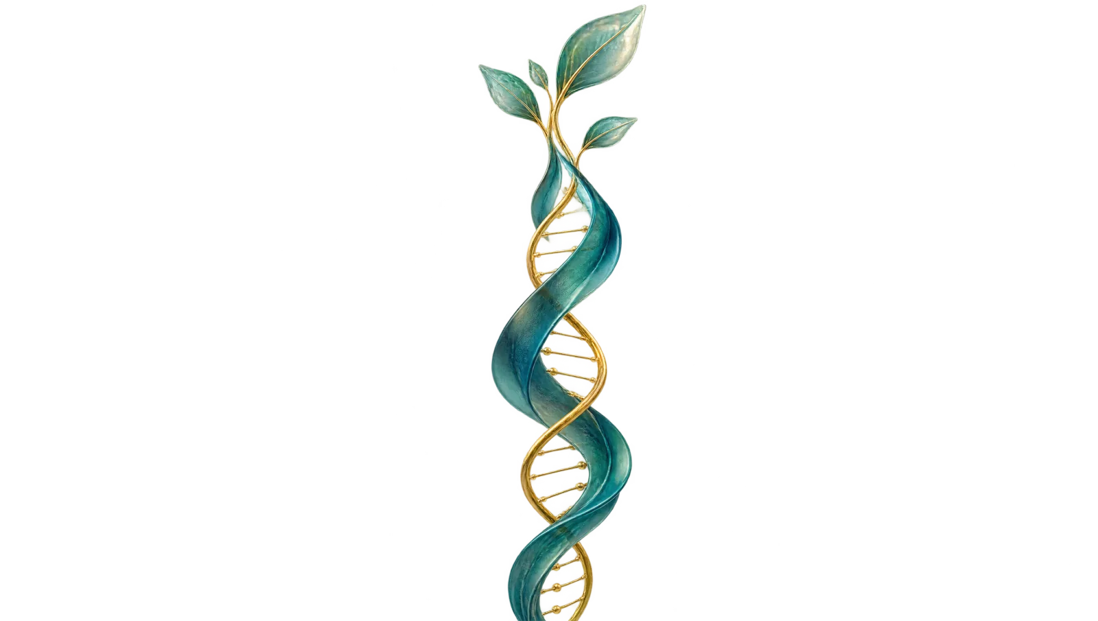 Eine goldene Doppelhelix und ein blaugrünes Band winden sich umeinander und wachsen wie ein junger Baum nach oben, als Sinnbild für das Zusammenspiel von Anlage und Umwelt.
