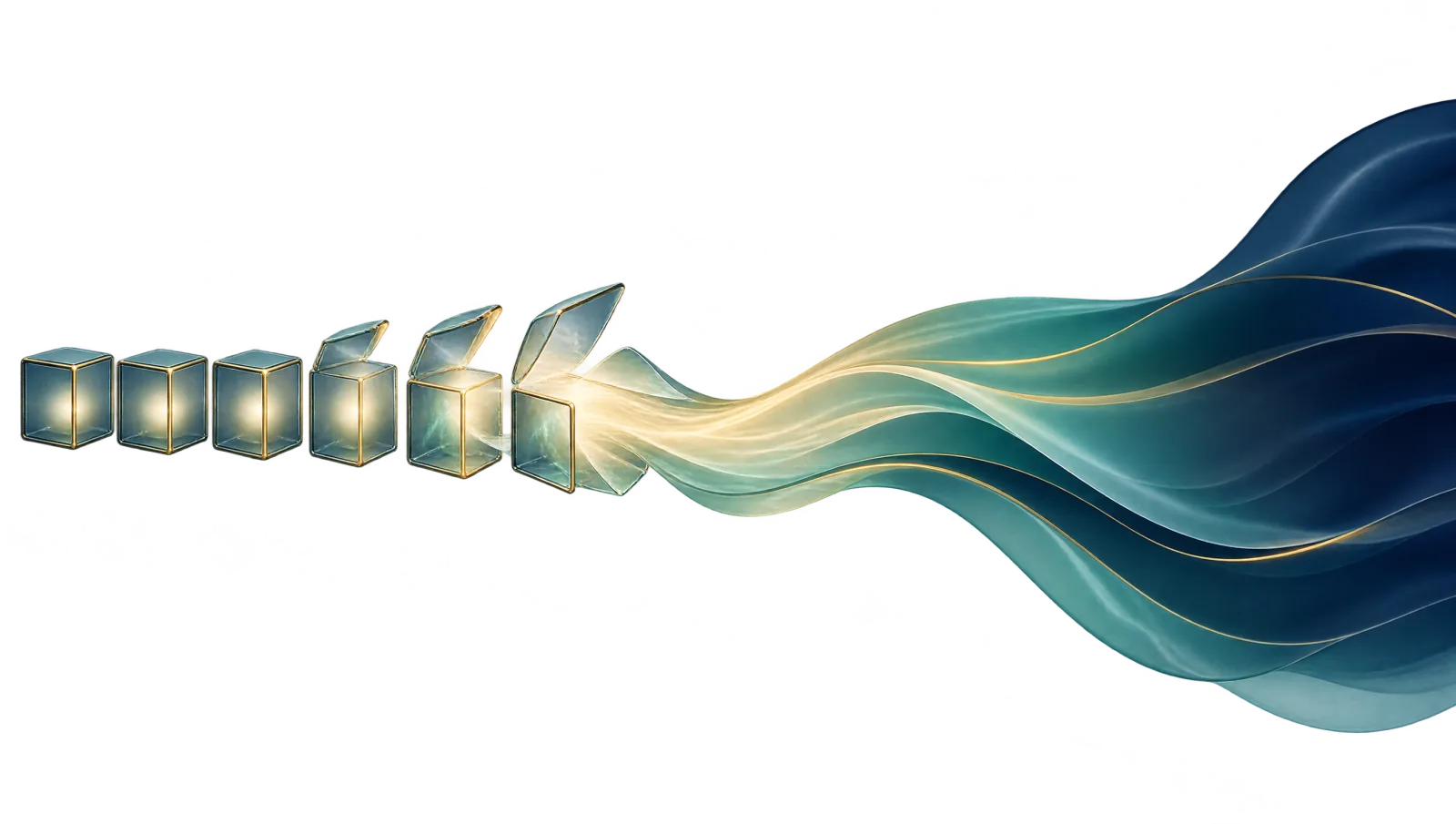 Eine Reihe gläserner Kästchen öffnet sich, ihr Licht fließt zu einem durchgehenden, farblich verlaufenden Band zusammen, als Sinnbild für den Übergang von Kategorien zu Dimensionen.