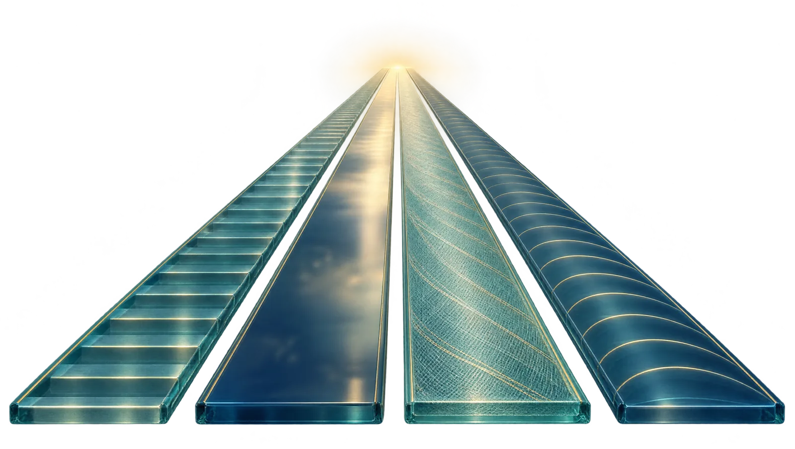 Vier gleich breite gläserne Wege mit unterschiedlichen Mustern laufen auf ein gemeinsames Licht zu, als Sinnbild für mehrere gleichrangige psychotherapeutische Verfahren.